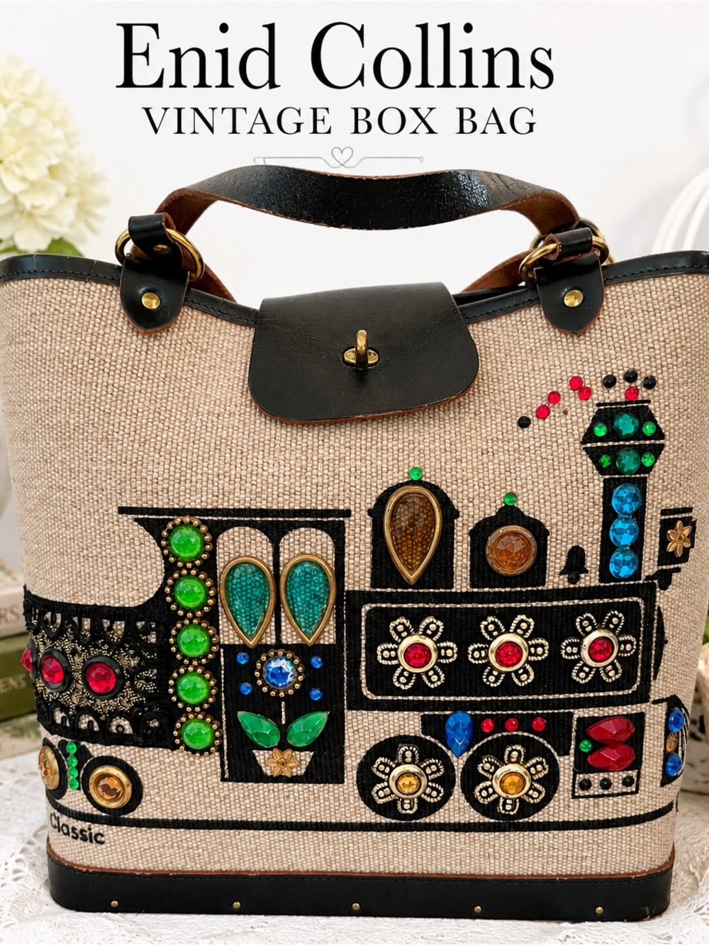 Enid Collins Train Box Bag Jeweled Canvas Wood Bottom Vintage Purse
